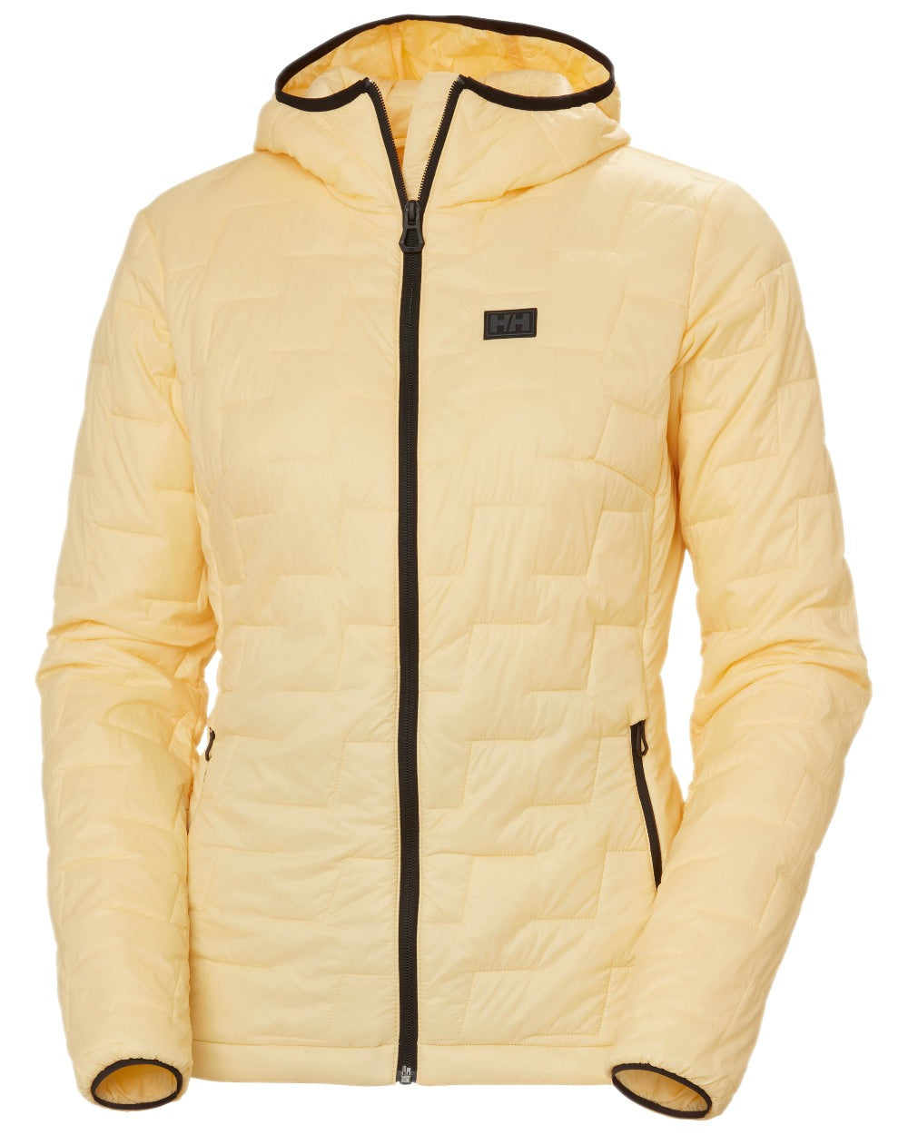 Yellow Cream Coloured Helly Hansen Womens Lifaloft Hooded Insulated Jacket on white background 