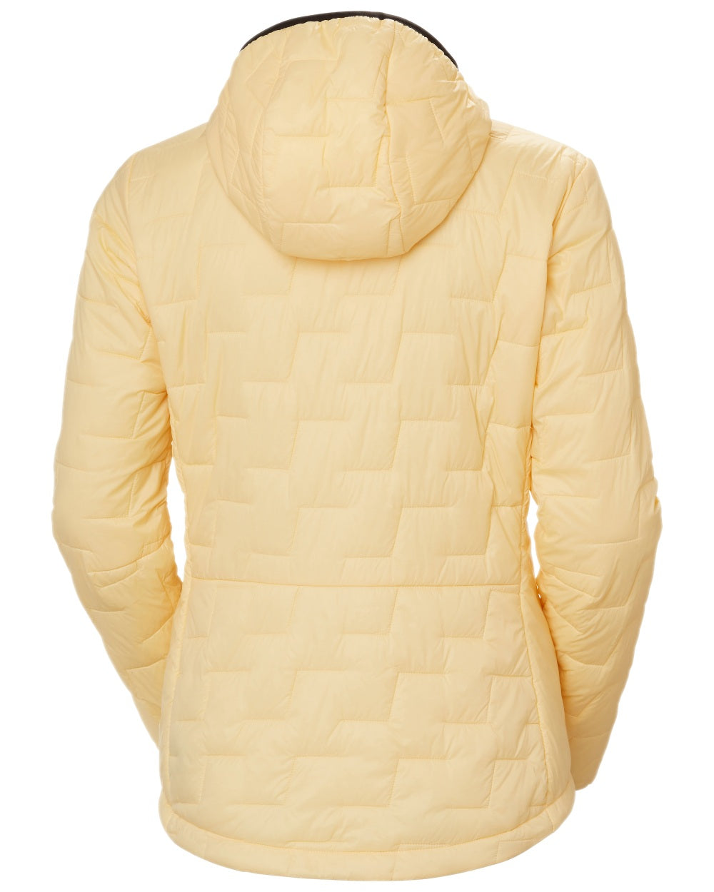 Yellow Cream Coloured Helly Hansen Womens Lifaloft Hooded Insulated Jacket on white background 