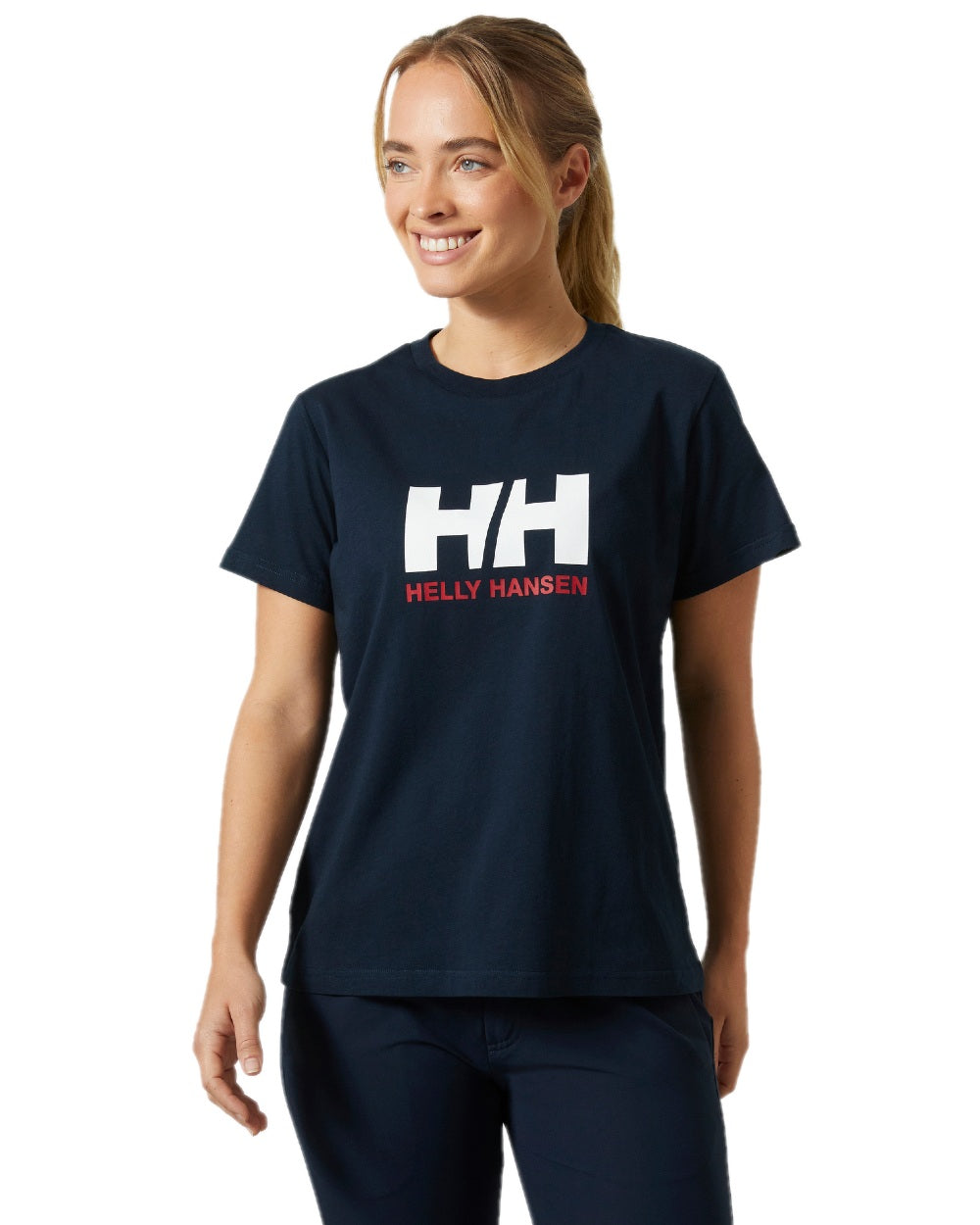 Navy Coloured Helly Hansen Womens Logo T-Shirt 3.0 on white background 