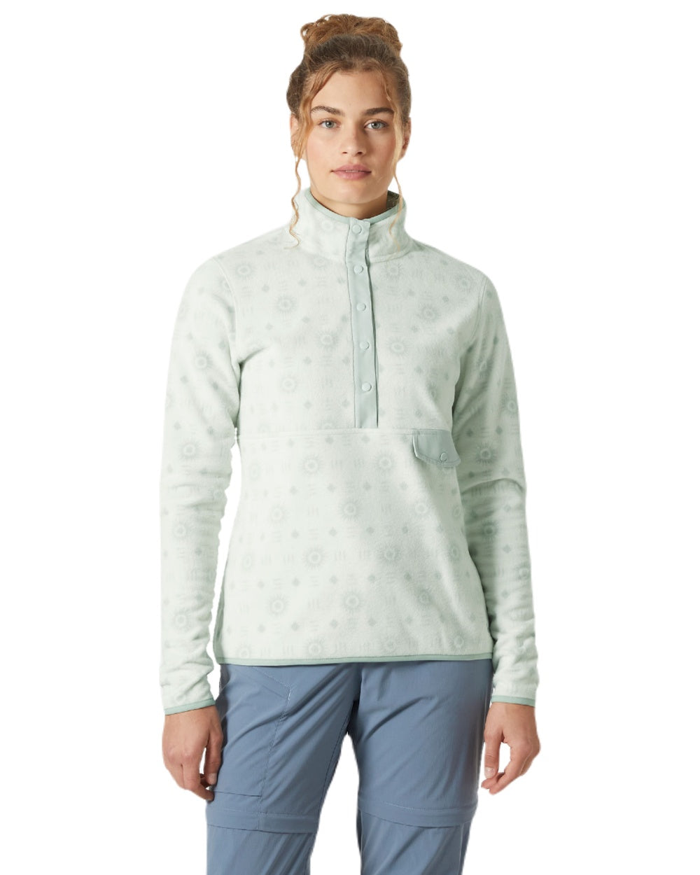 Seafoam Sunny coloured Helly Hansen Womens Maridalen Printed Fleece Jacket on white background 