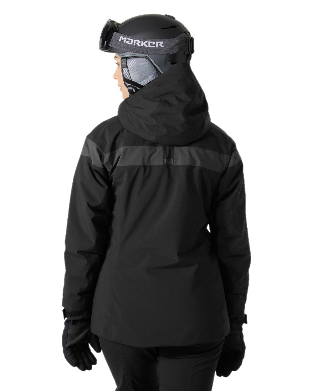 Black Coloured Helly Hansen Womens Motionista Lifaloft Ski Jacket on white background 