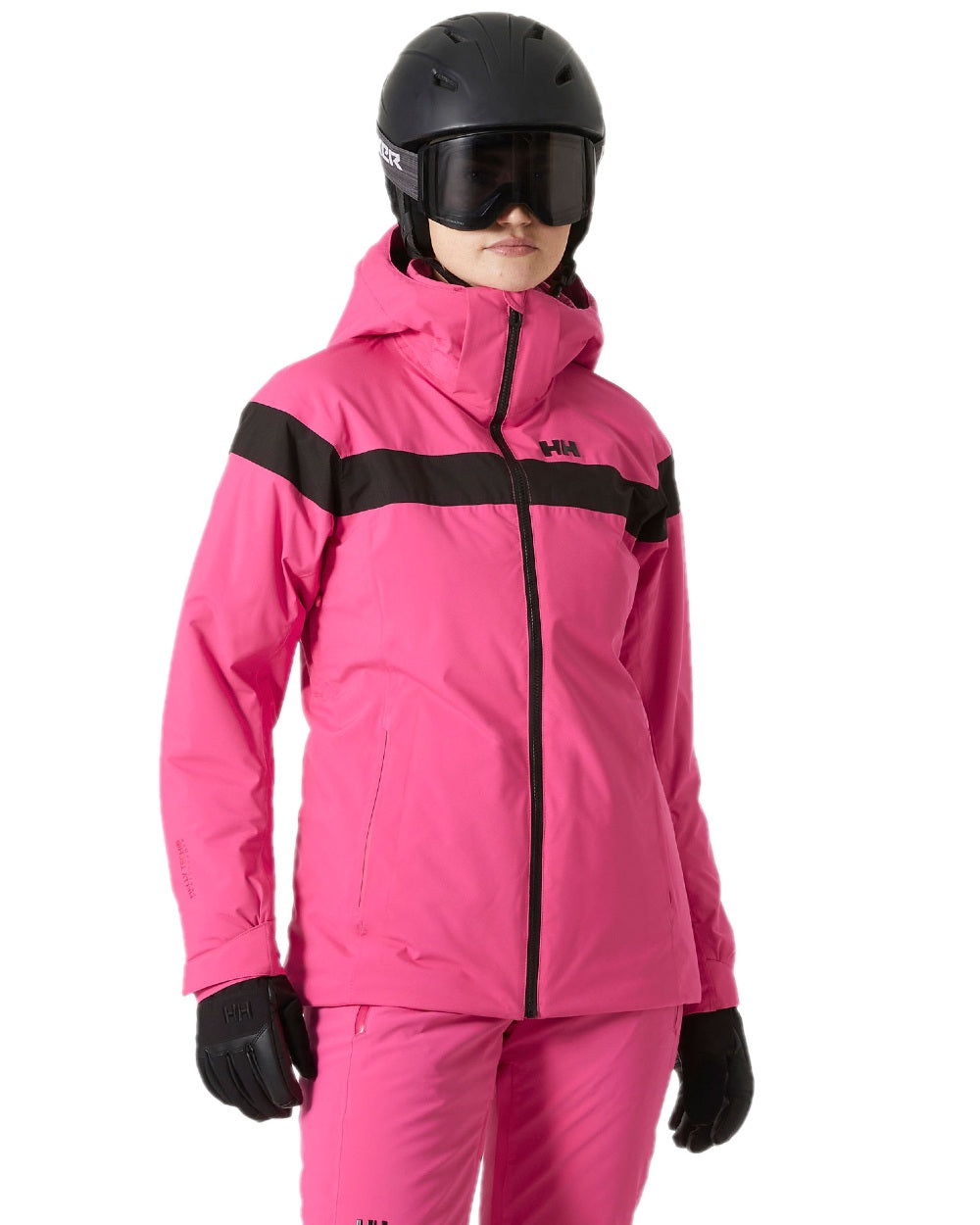 Dragon Fruit Coloured Helly Hansen Womens Motionista Lifaloft Ski Jacket on white background 