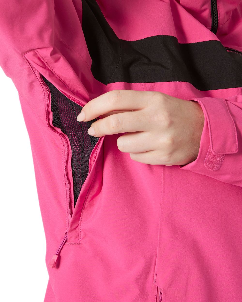 Dragon Fruit Coloured Helly Hansen Womens Motionista Lifaloft Ski Jacket on white background 