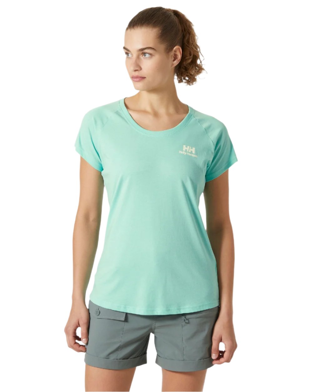 Lagoon coloured Helly Hansen Womens Nord Graphic Drop T-Shirt on white background 