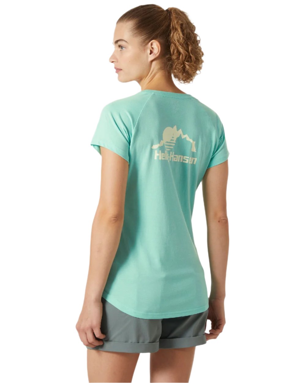 Lagoon coloured Helly Hansen Womens Nord Graphic Drop T-Shirt on white background 