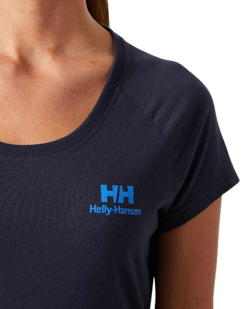 Navy coloured Helly Hansen Womens Nord Graphic Drop T-Shirt on white background 
