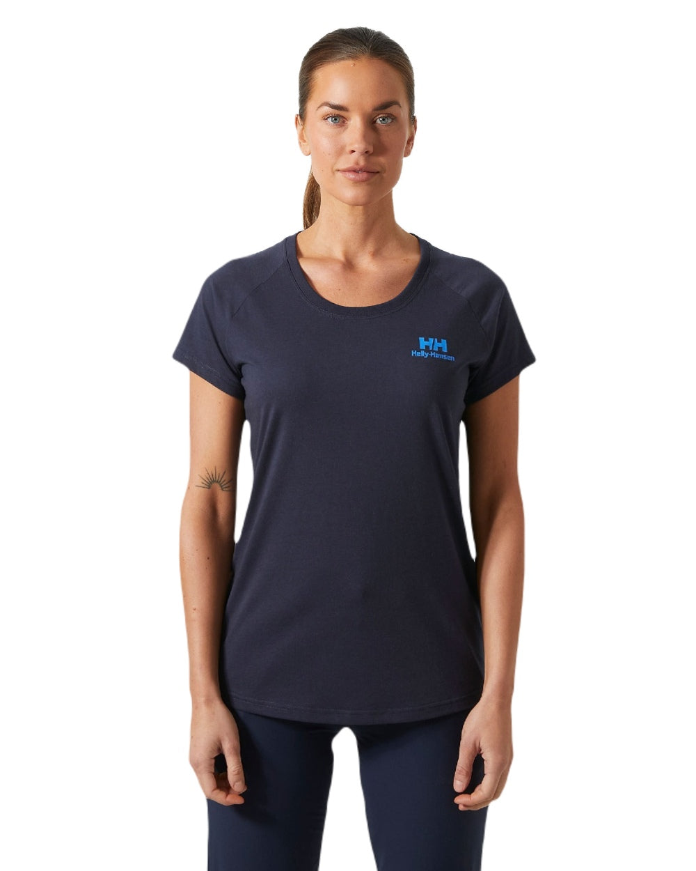 Navy coloured Helly Hansen Womens Nord Graphic Drop T-Shirt on white background 