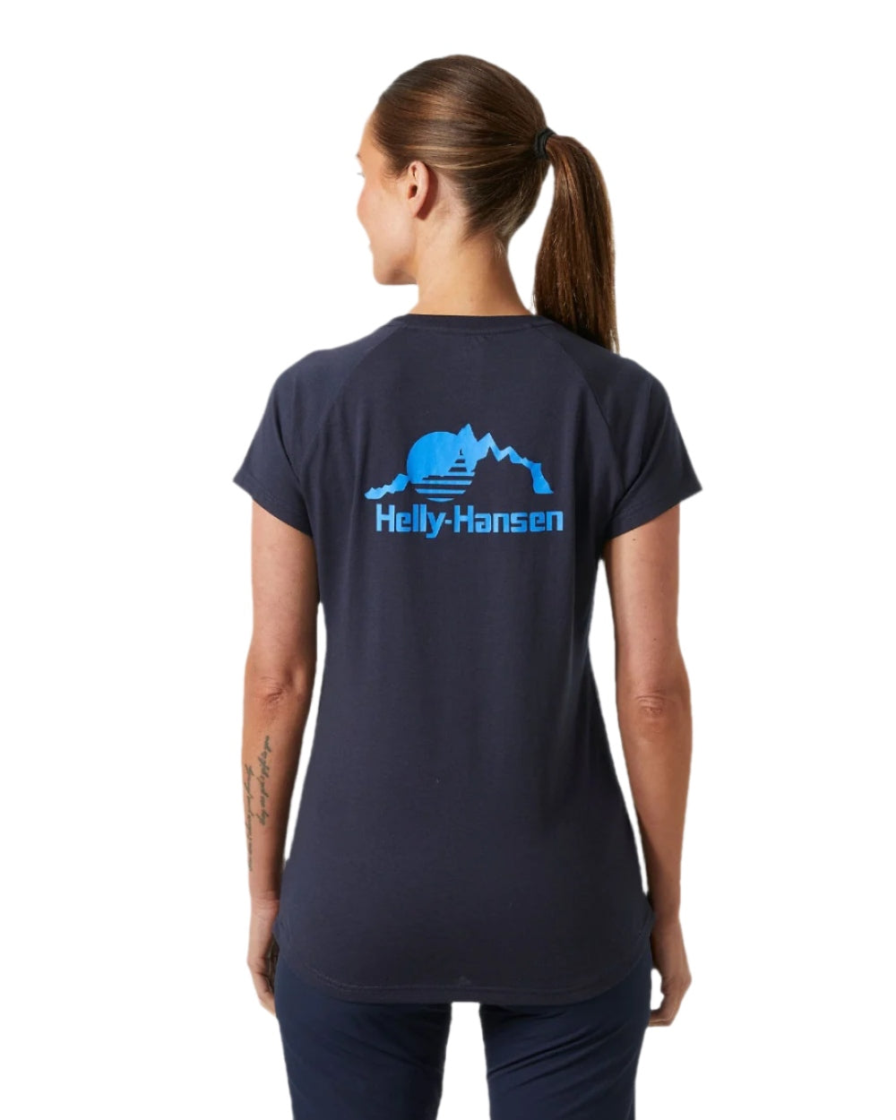 Navy coloured Helly Hansen Womens Nord Graphic Drop T-Shirt on white background 