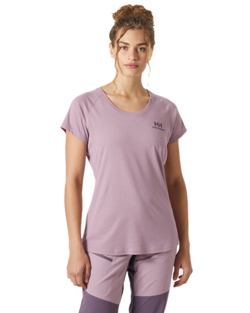 Purple Clay coloured Helly Hansen Womens Nord Graphic Drop T-Shirt on white background 