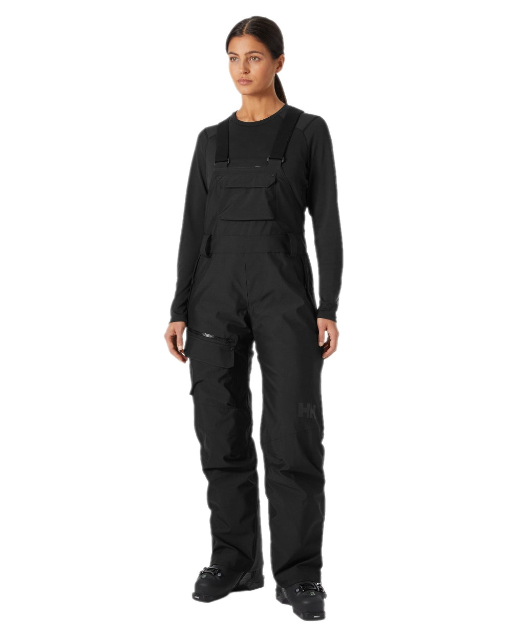 Black Coloured Helly Hansen Womens Powderqueen Bib Pant on white background 