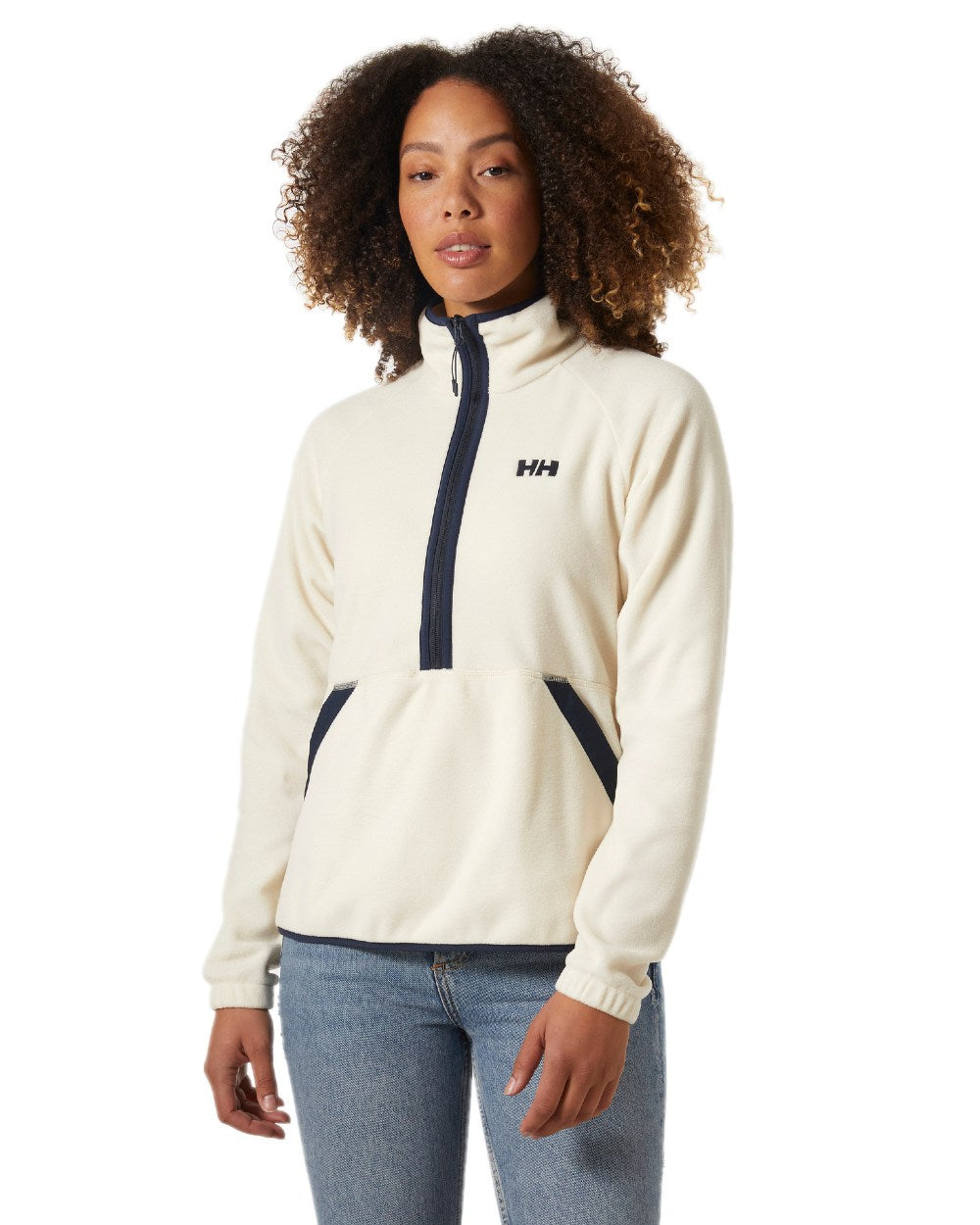 Cream Coloured Helly Hansen Womens Rig Fleece Half Zip Jacket on white background 
