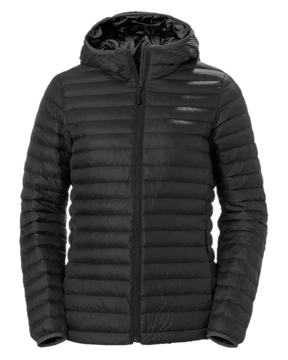 Black Coloured Helly Hansen Womens Sirdal Hooded Insulated Jacket on white background 