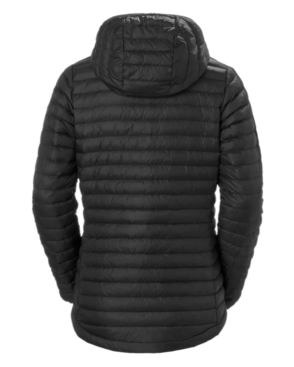 Black Coloured Helly Hansen Womens Sirdal Hooded Insulated Jacket on white background 