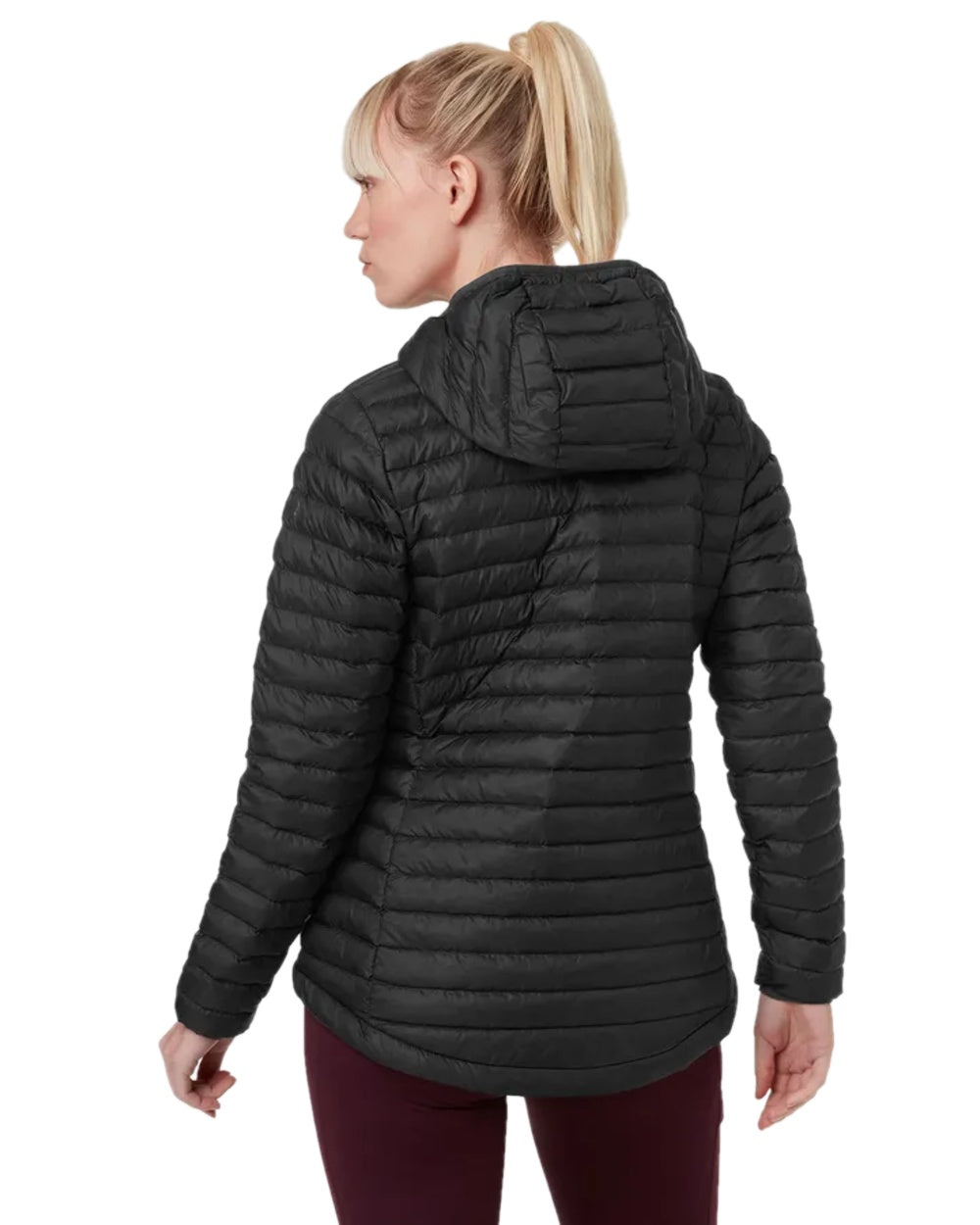 Black Coloured Helly Hansen Womens Sirdal Hooded Insulated Jacket on white background 