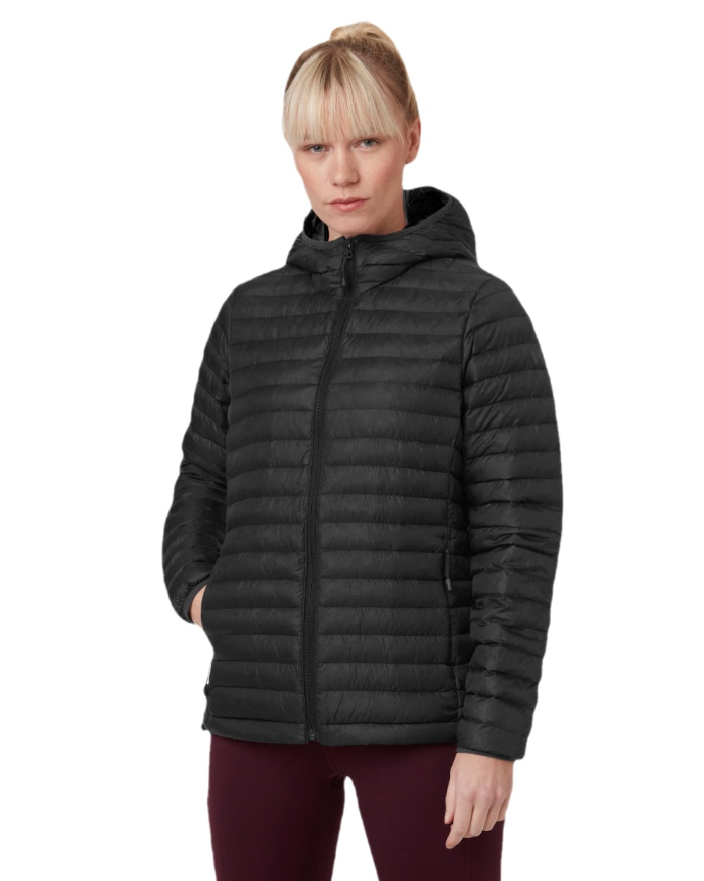 Black Coloured Helly Hansen Womens Sirdal Hooded Insulated Jacket on white background 