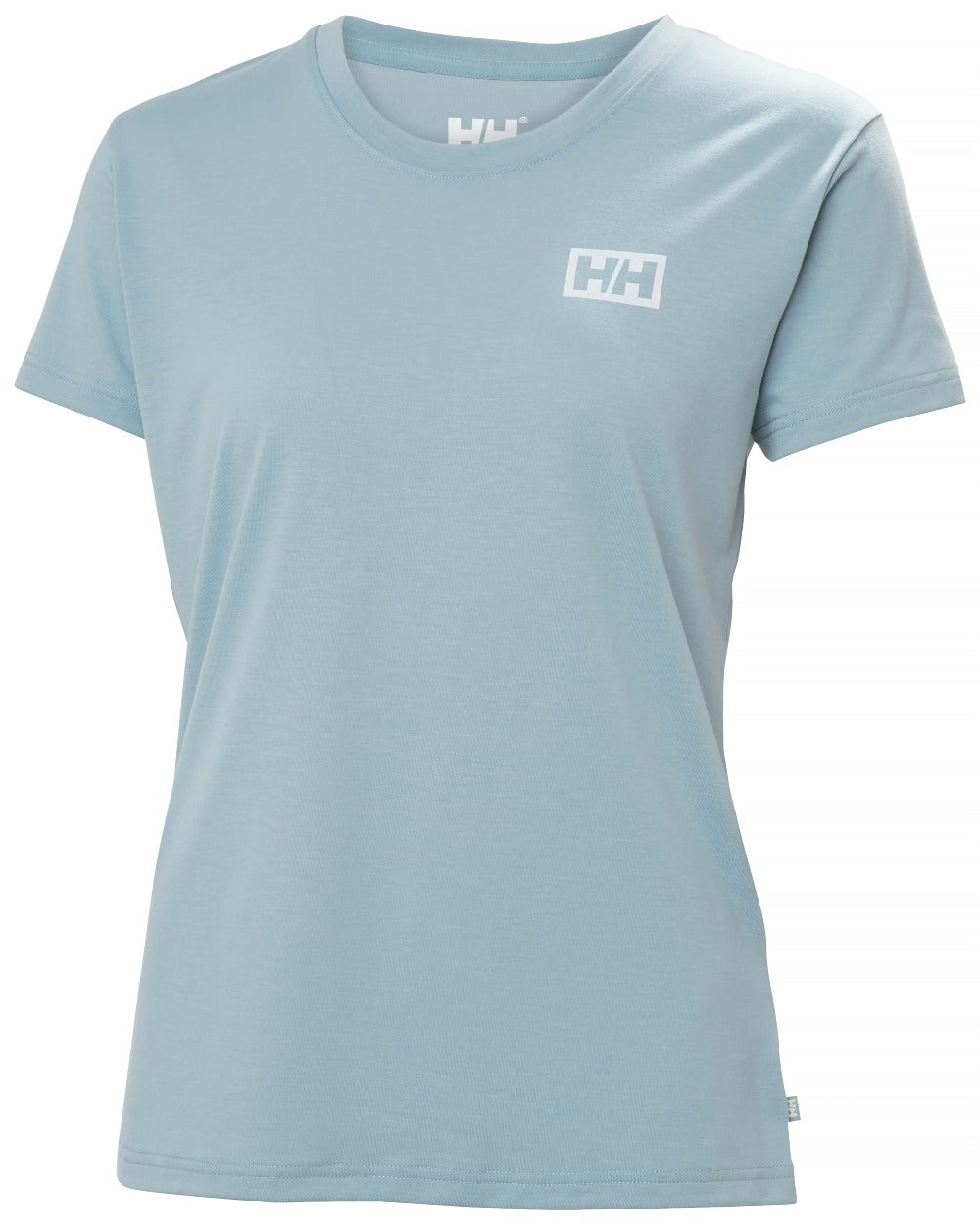 Windy Blue coloured Helly Hansen Womens Skog Recycled Graphic T-Shirt on white background 