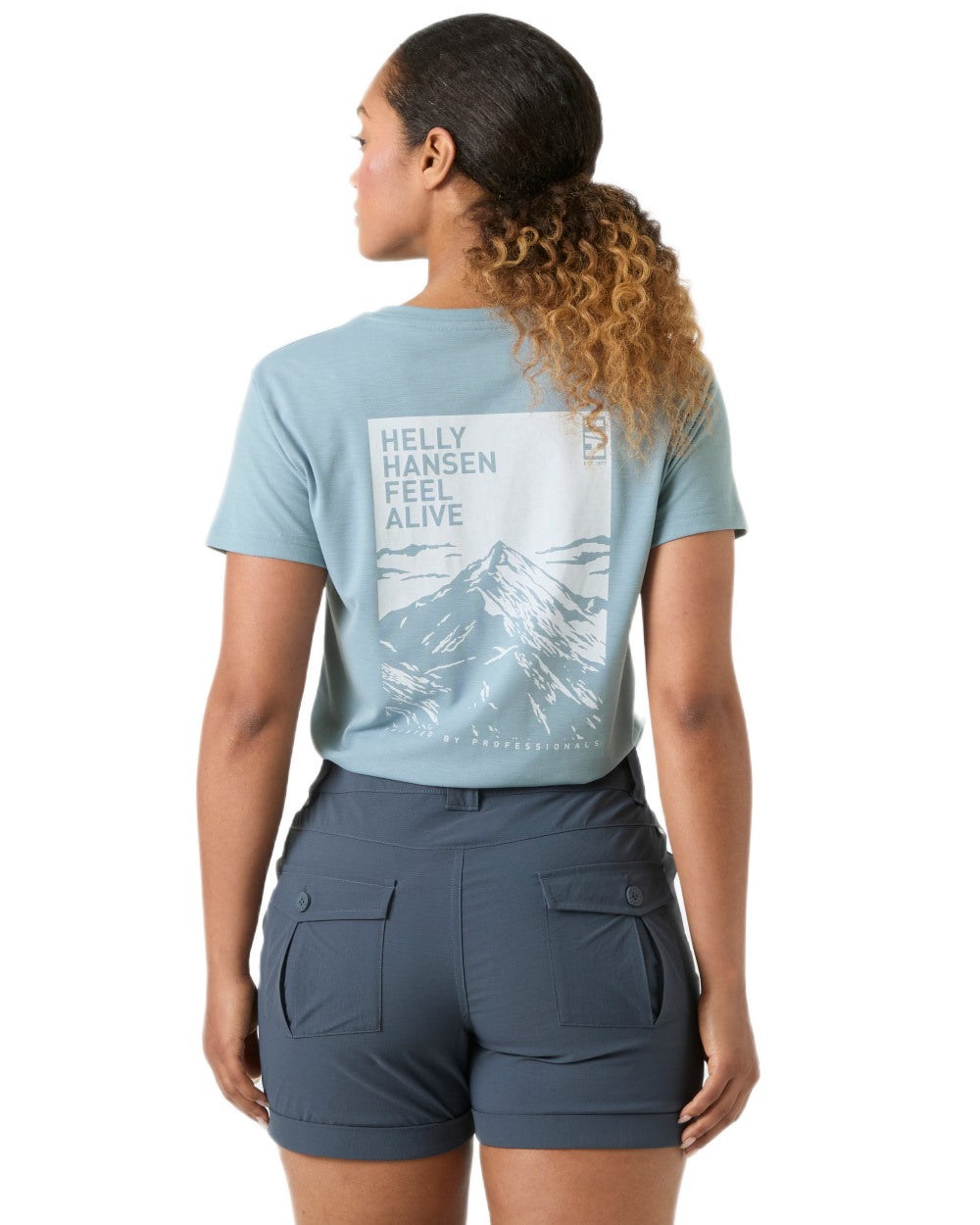 Windy Blue coloured Helly Hansen Womens Skog Recycled Graphic T-Shirt on white background 