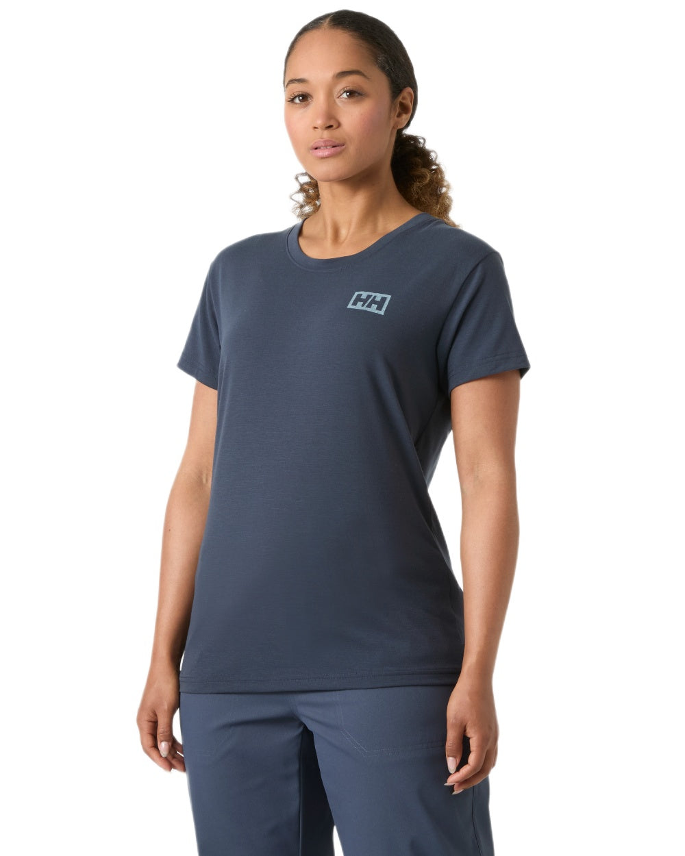 Alpine Frost coloured Helly Hansen Womens Skog Recycled Graphic T-Shirt on white background 