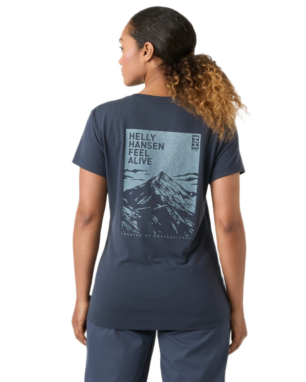 Alpine Frost coloured Helly Hansen Womens Skog Recycled Graphic T-Shirt on white background 