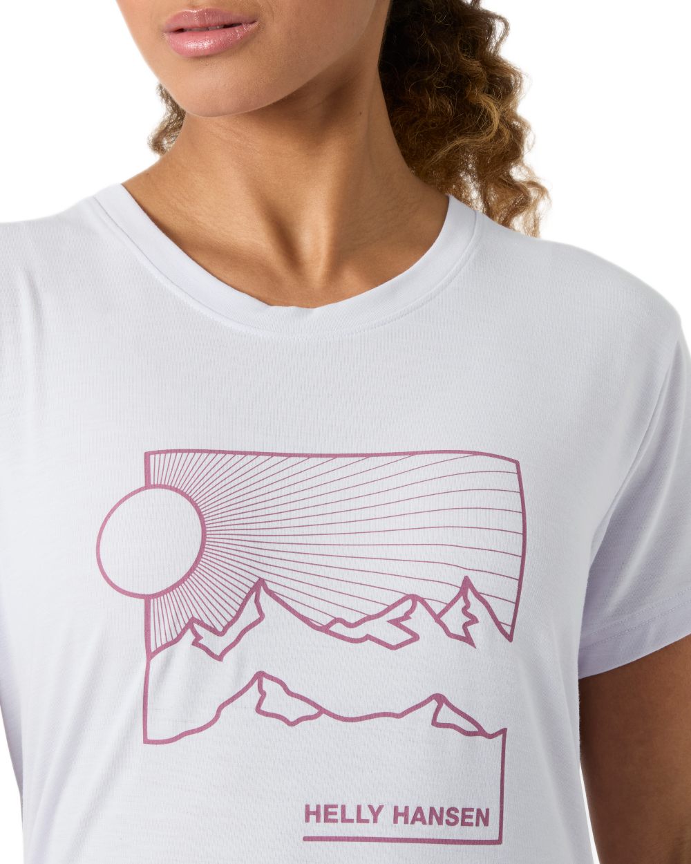 Even Light Purple coloured Helly Hansen Womens Skog Recycled Graphic T-Shirt on white background 