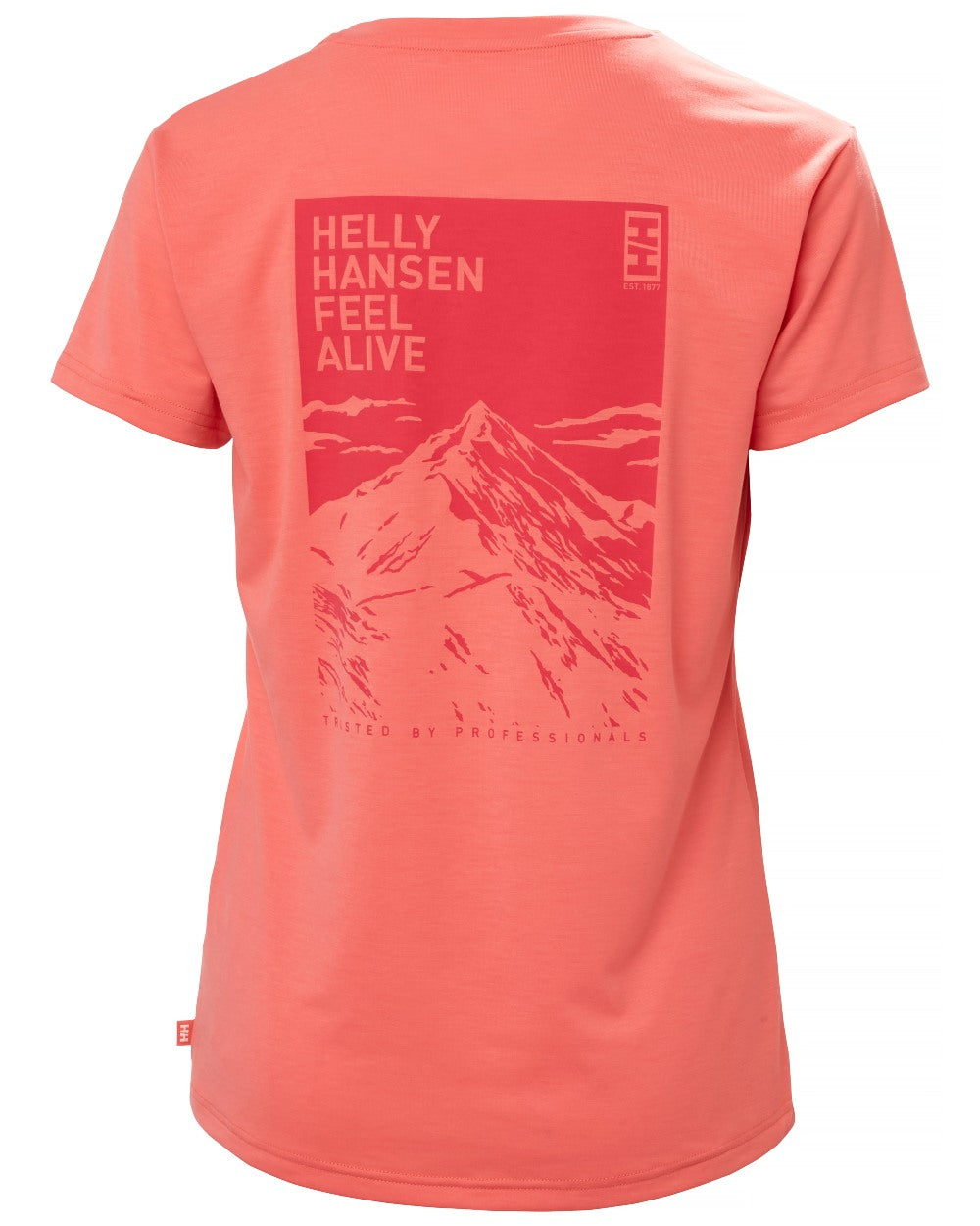 Sunset Pink coloured Helly Hansen Womens Skog Recycled Graphic T-Shirt on white background 