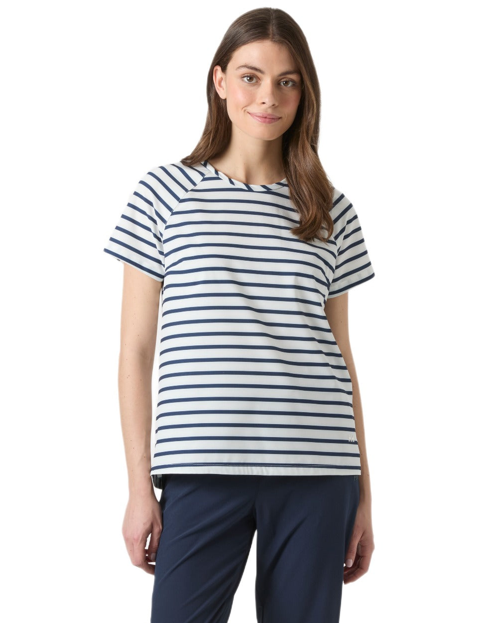 White Navy Stripe coloured Helly Hansen Womens Thalia T-Shirt on white background 