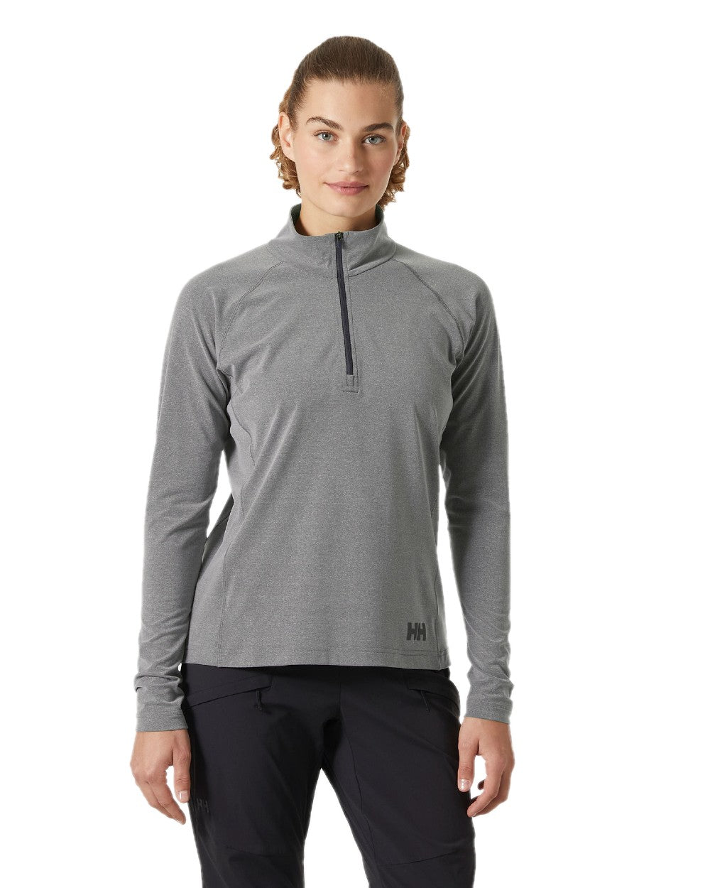 Ebony Melange coloured Helly Hansen Womens Tyri Knit Half Zip Pullover on white background 