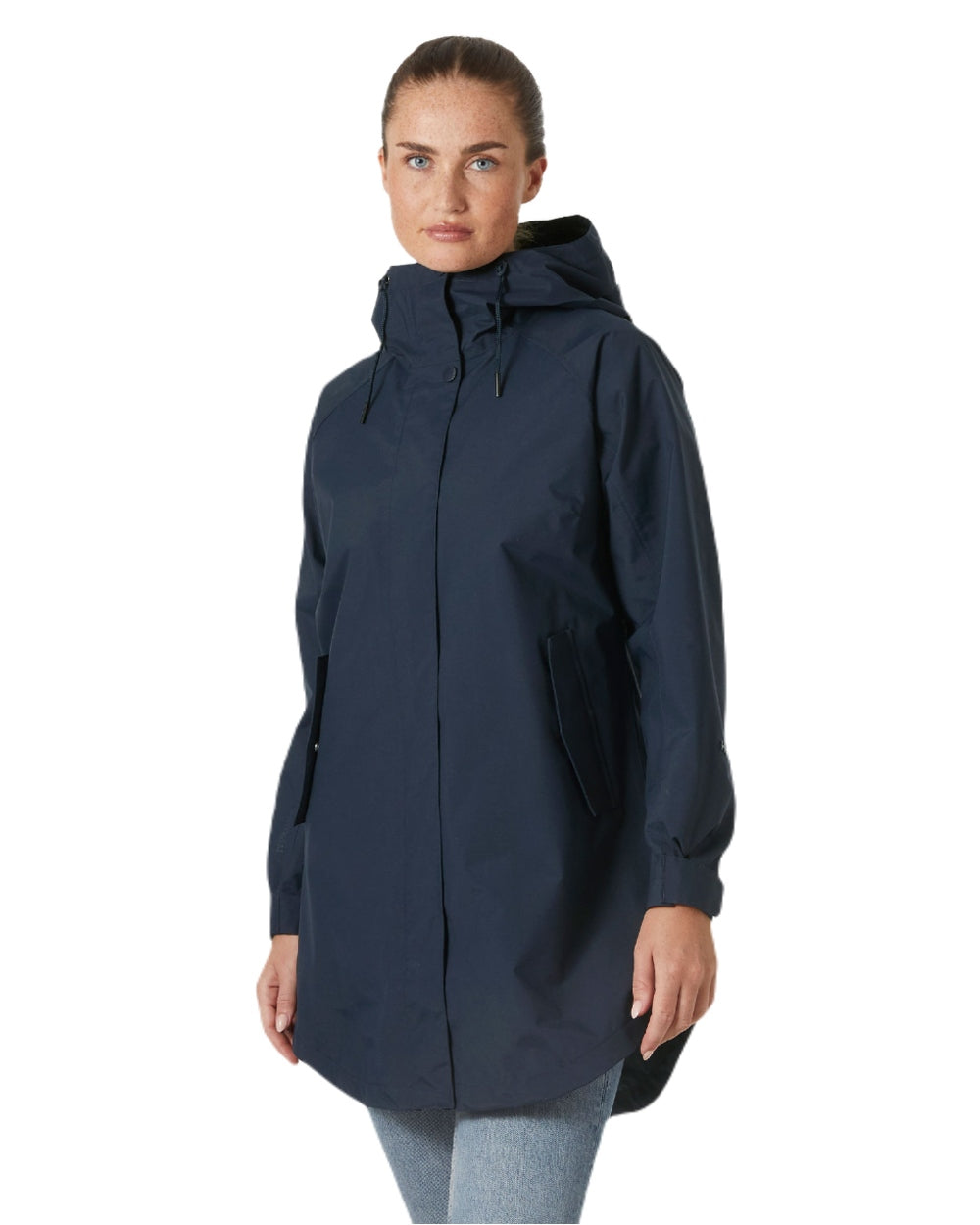 Navy coloured Helly Hansen Womens Valentia 2.0 Raincoat on white background 