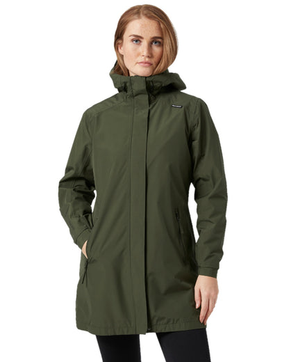 Utility Green Coloured Helly Hansen Womens Valkyrie Fleece Lined Rain Jacket on white background 