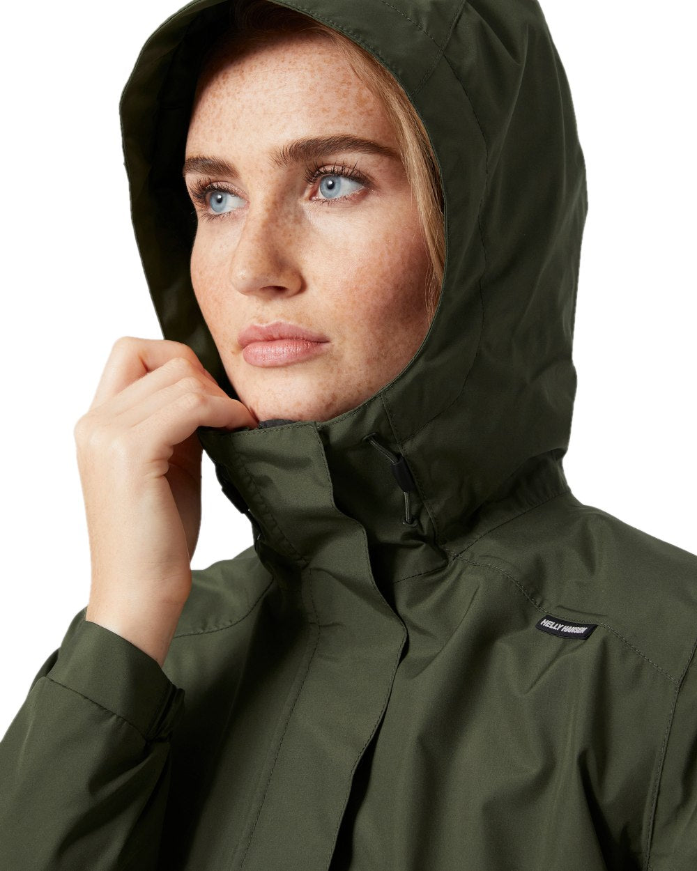 Utility Green Coloured Helly Hansen Womens Valkyrie Fleece Lined Rain Jacket on white background 