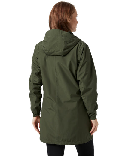 Utility Green Coloured Helly Hansen Womens Valkyrie Fleece Lined Rain Jacket on white background 