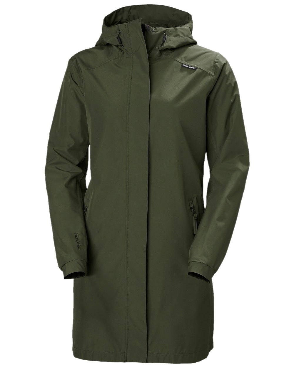 Utility Green Coloured Helly Hansen Womens Valkyrie Fleece Lined Rain Jacket on white background 