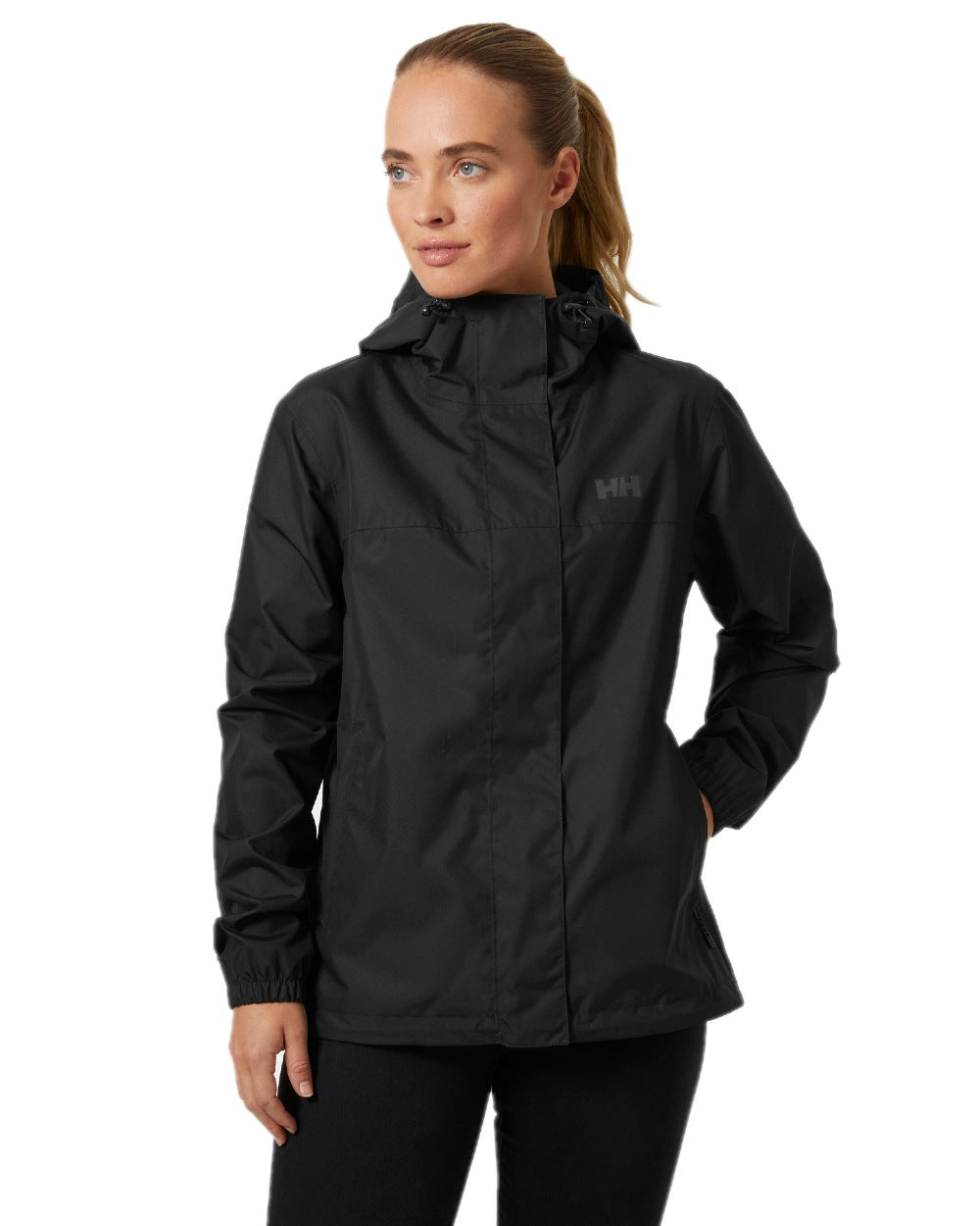 Black coloured Helly Hansen Womens Vancouver Rain Jacket on white background 