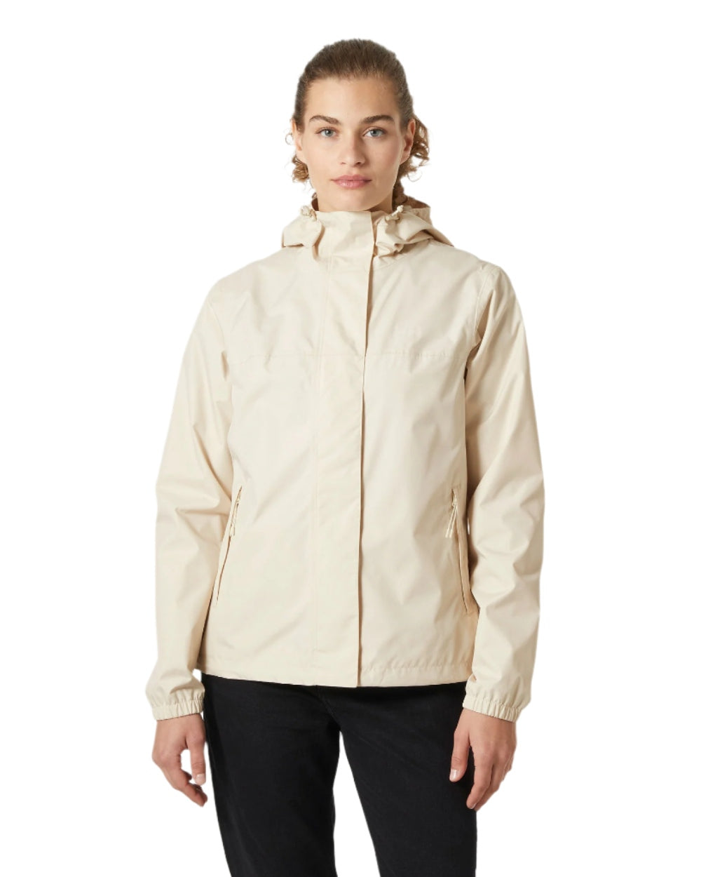 Cream coloured Helly Hansen Womens Vancouver Rain Jacket on white background 