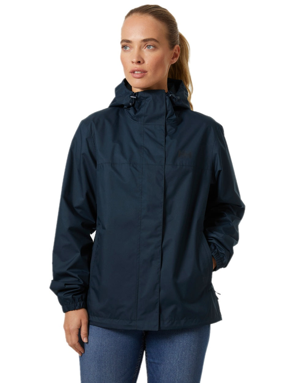 Navy coloured Helly Hansen Womens Vancouver Rain Jacket on white background 