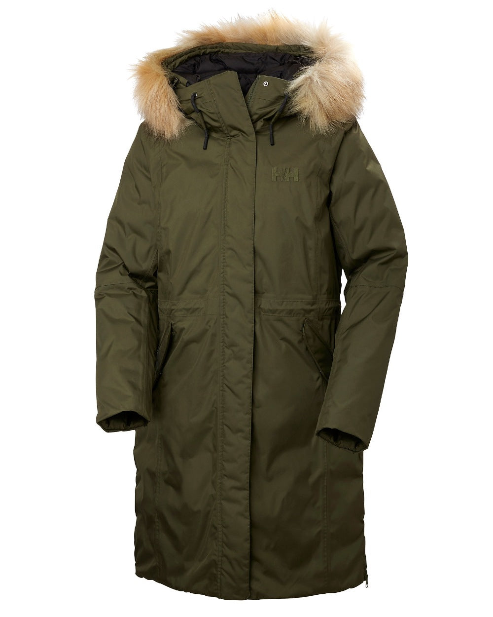 Utility Green Coloured Helly Hansen Womens Vega Parka on white background 