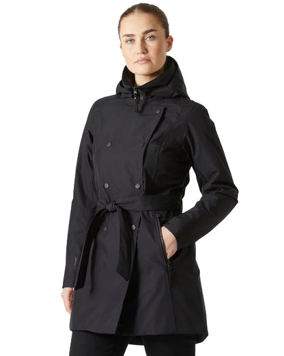 Black Coloured Helly Hansen Womens Welsey II Insulated Trench Coat on white background 