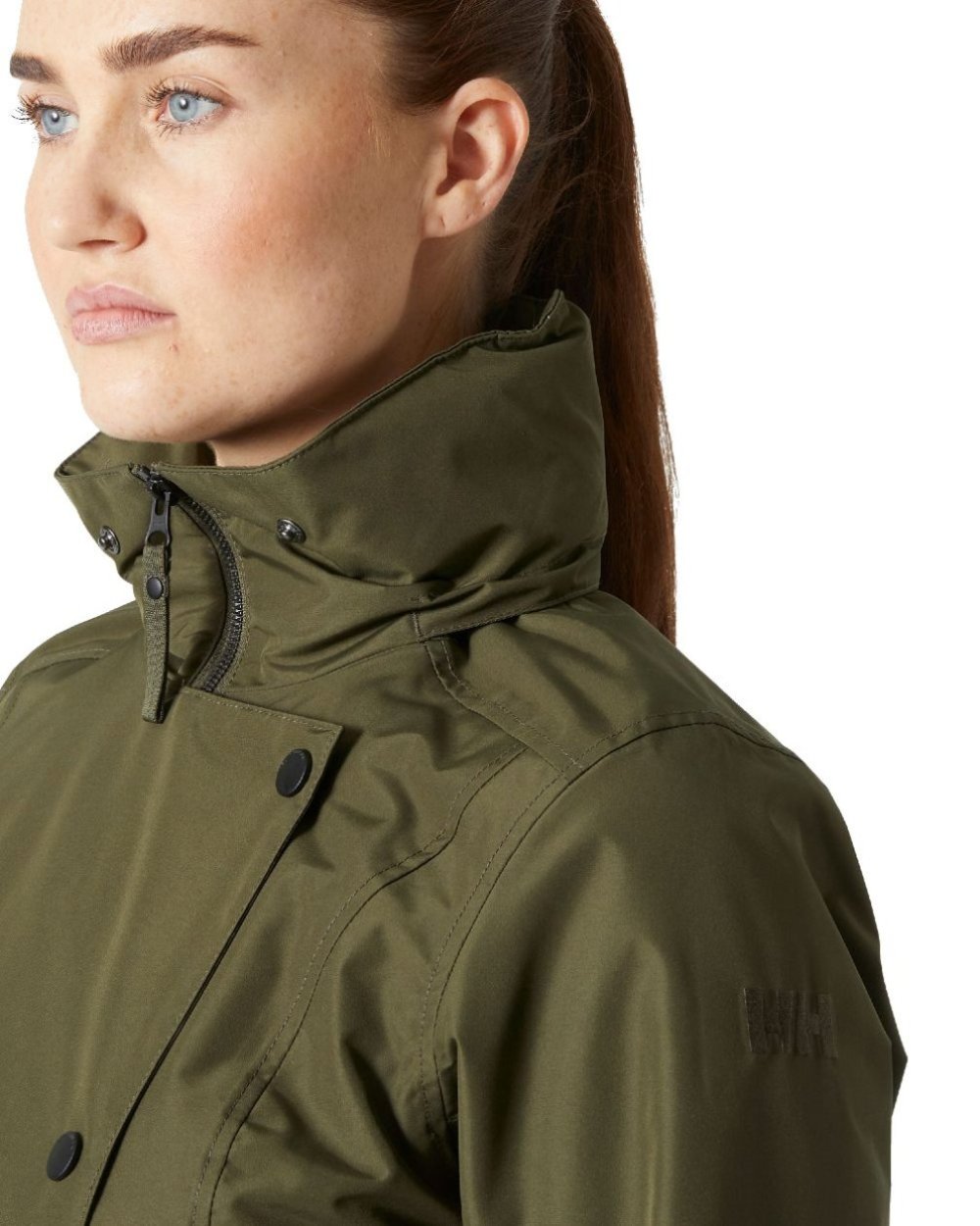 Utility Green Coloured Helly Hansen Womens Welsey II Insulated Trench Coat on white background 