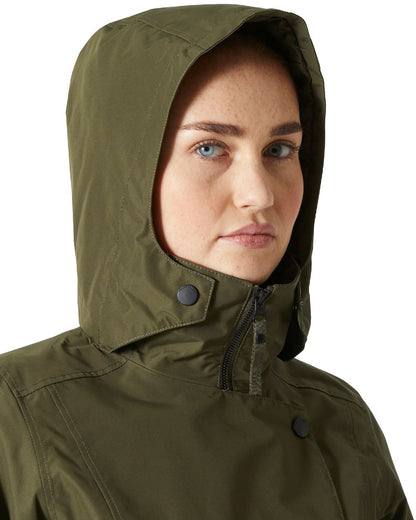 Utility Green Coloured Helly Hansen Womens Welsey II Insulated Trench Coat on white background 