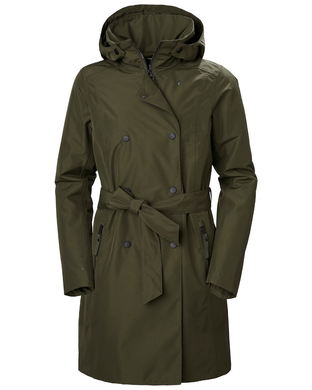 Utility Green Coloured Helly Hansen Womens Welsey II Insulated Trench Coat on white background 