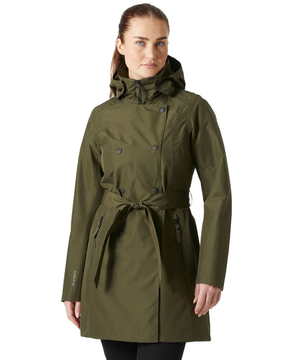 Utility Green Coloured Helly Hansen Womens Welsey II Insulated Trench Coat on white background 