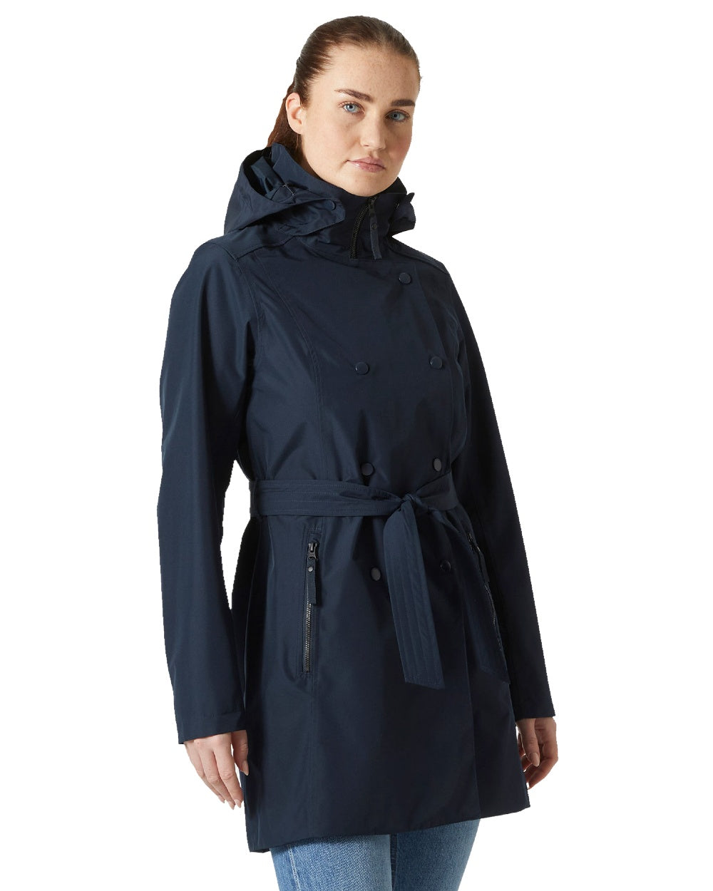 Navy Coloured Helly Hansen Womens Welsey II Trench Coat on white background 