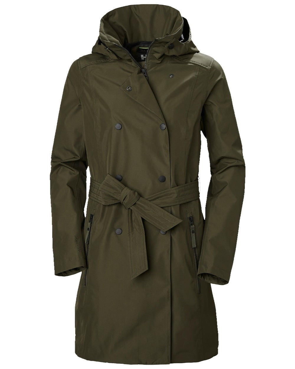 Utility Green Coloured Helly Hansen Womens Welsey II Trench Coat on white background 