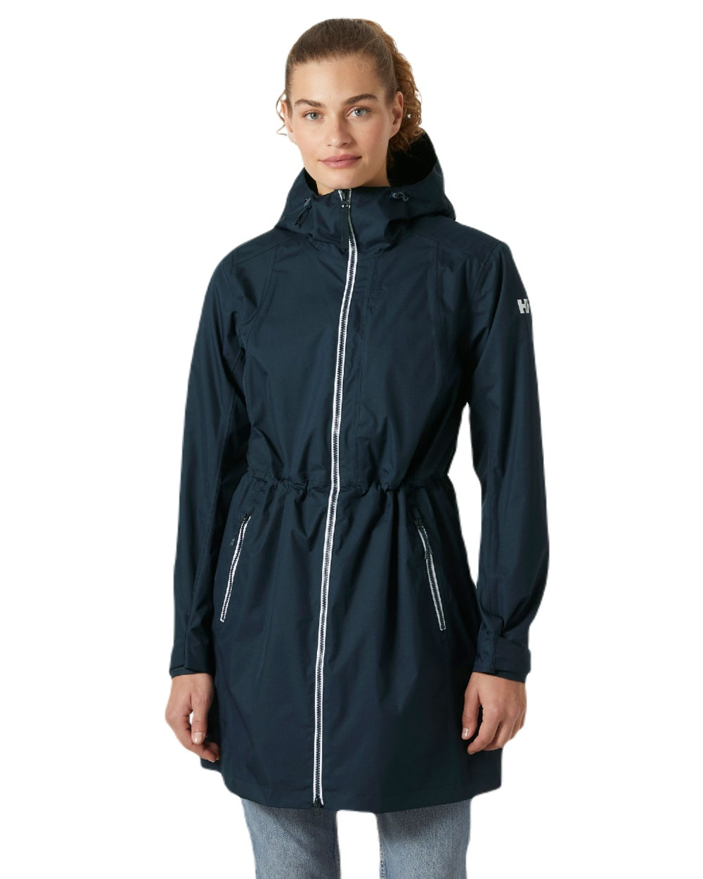 Navy coloured Helly Hansen Womens Westport Raincoat on white background 