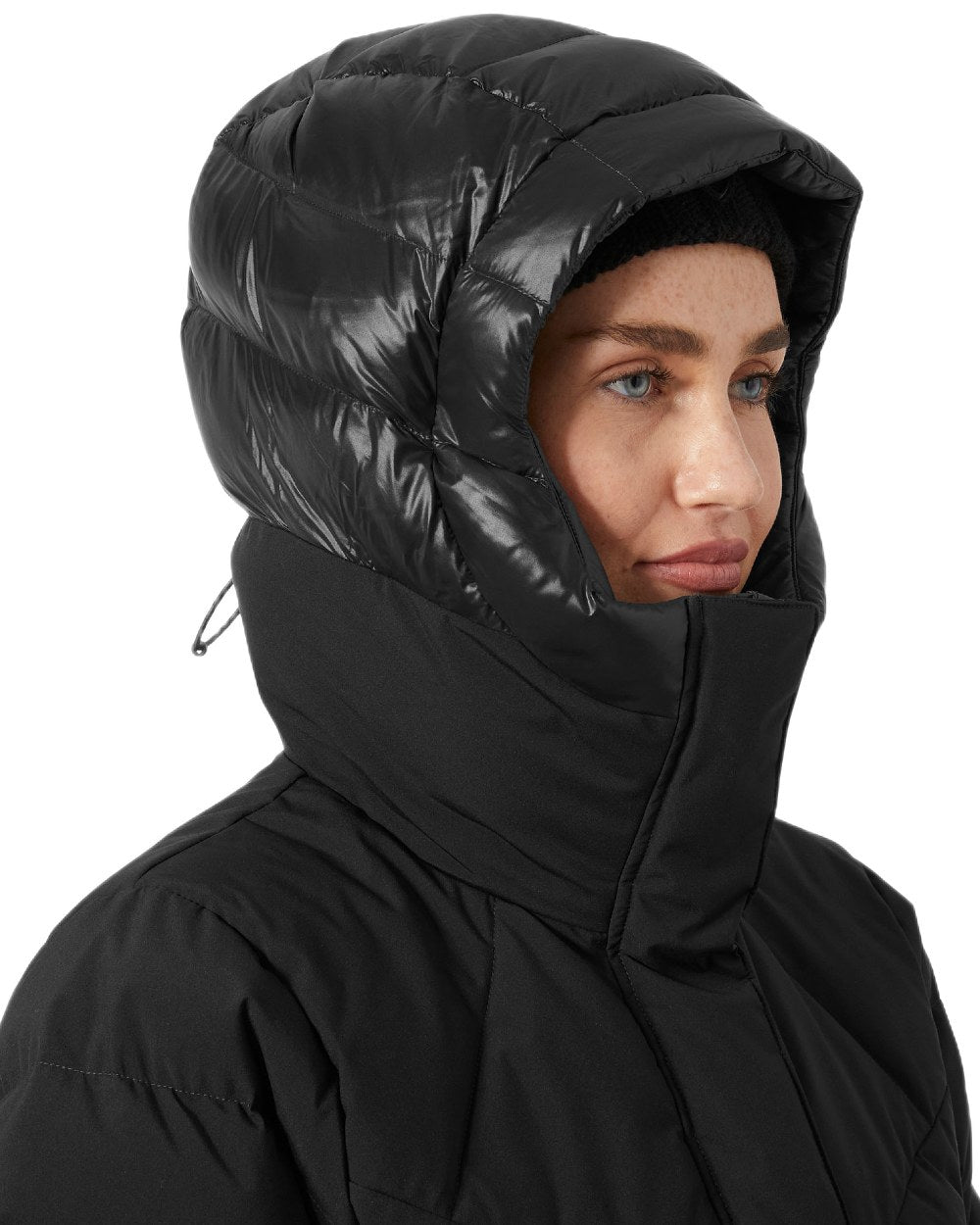 Black Coloured Helly Hansen Womens Winter Bliss Down Jacket on white background 