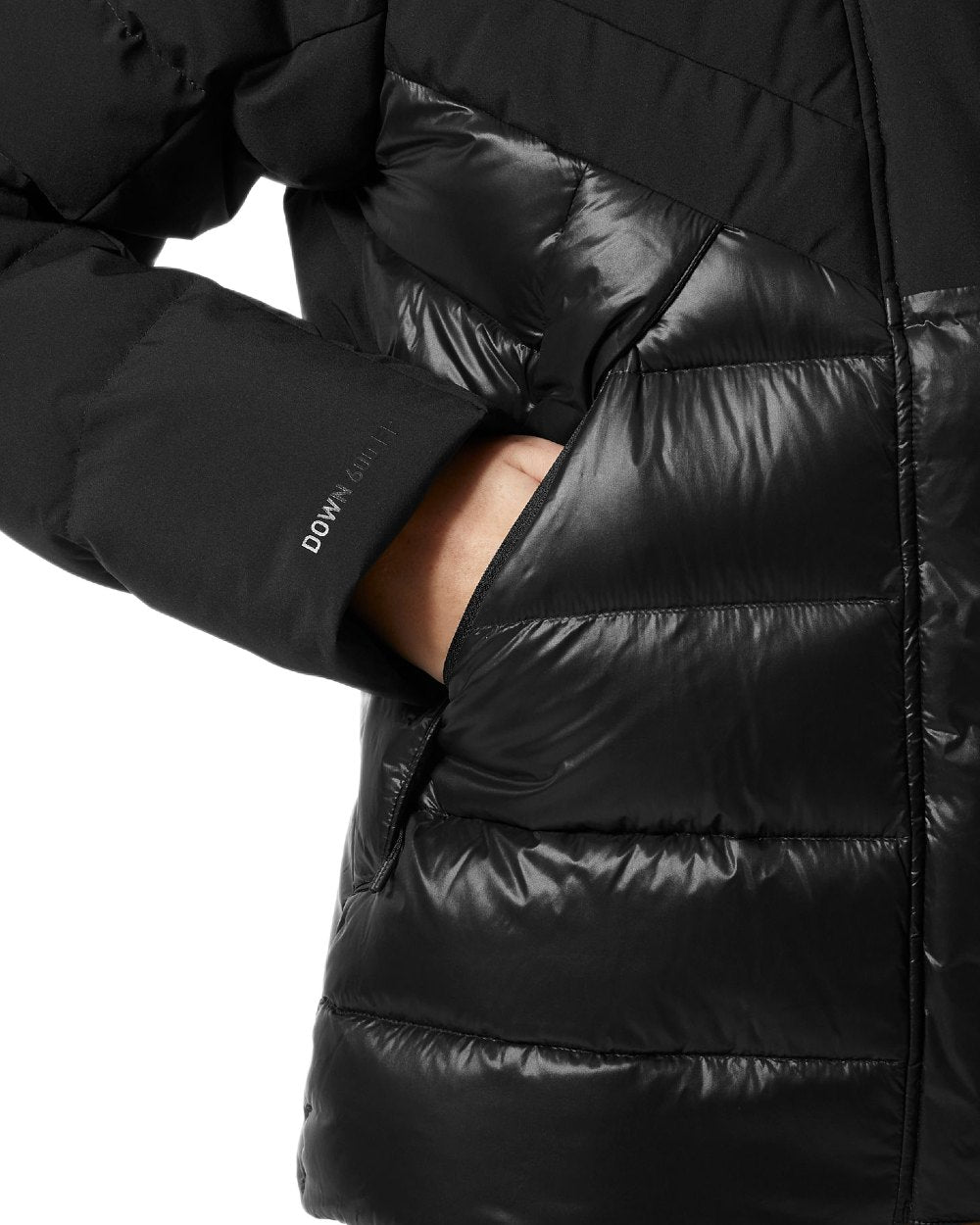 Black Coloured Helly Hansen Womens Winter Bliss Down Jacket on white background 