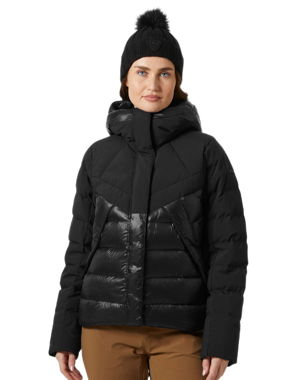 Black Coloured Helly Hansen Womens Winter Bliss Down Jacket on white background 