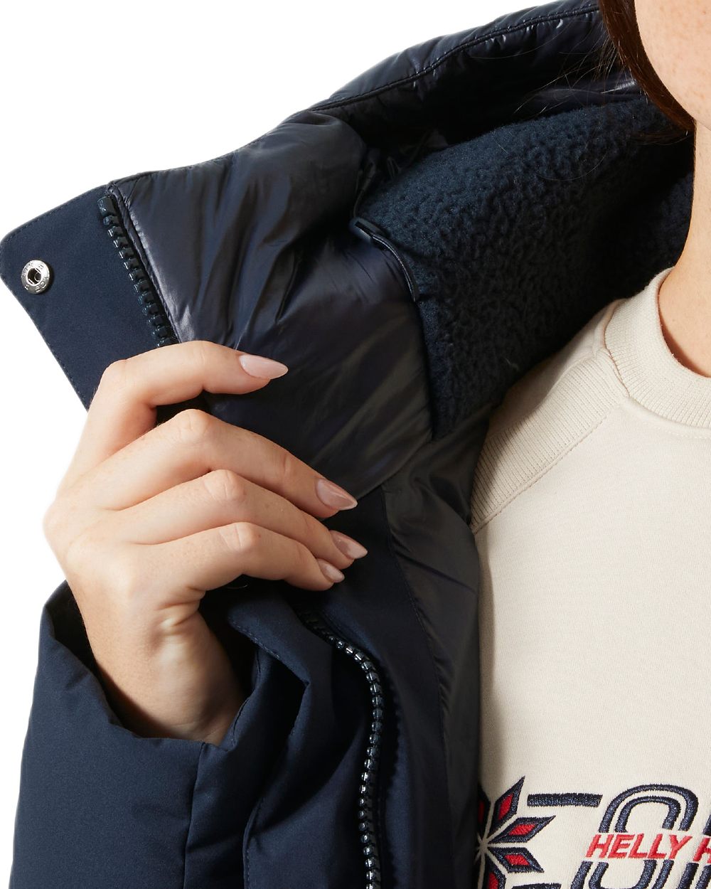 Navy Coloured Helly Hansen Womens Winter Bliss Down Jacket on white background 