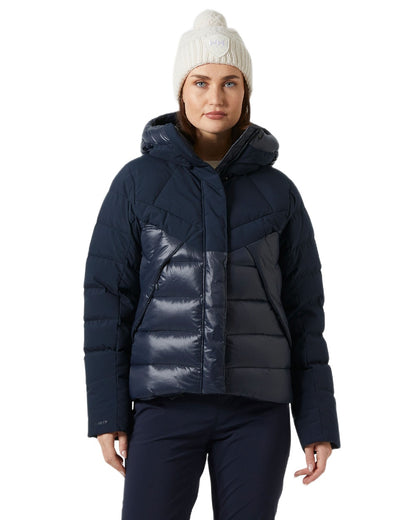 Navy Coloured Helly Hansen Womens Winter Bliss Down Jacket on white background 