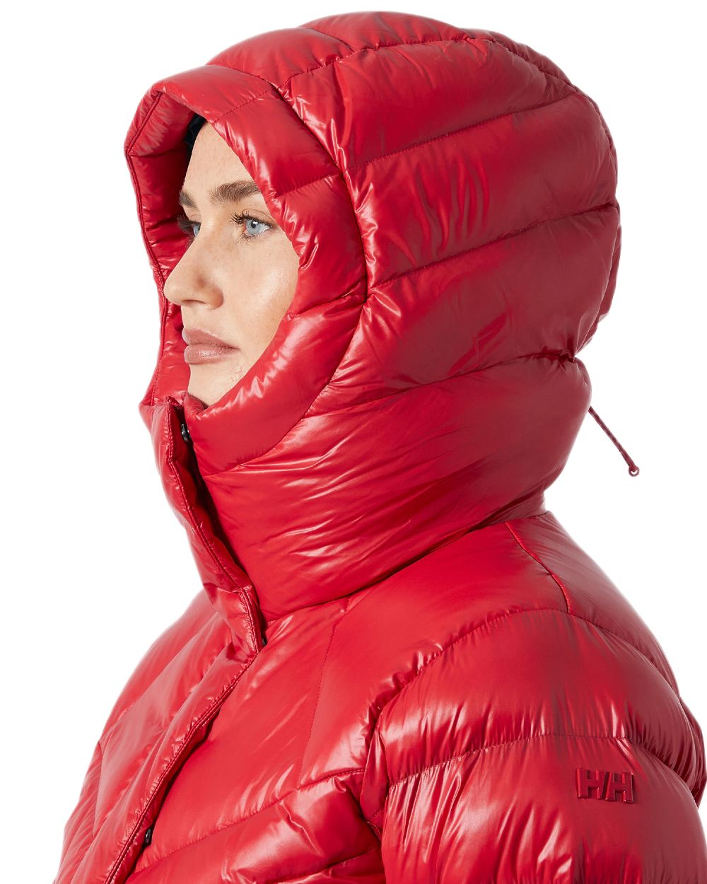 Red Coloured Helly Hansen Womens Winter Bliss Down Jacket on white background 